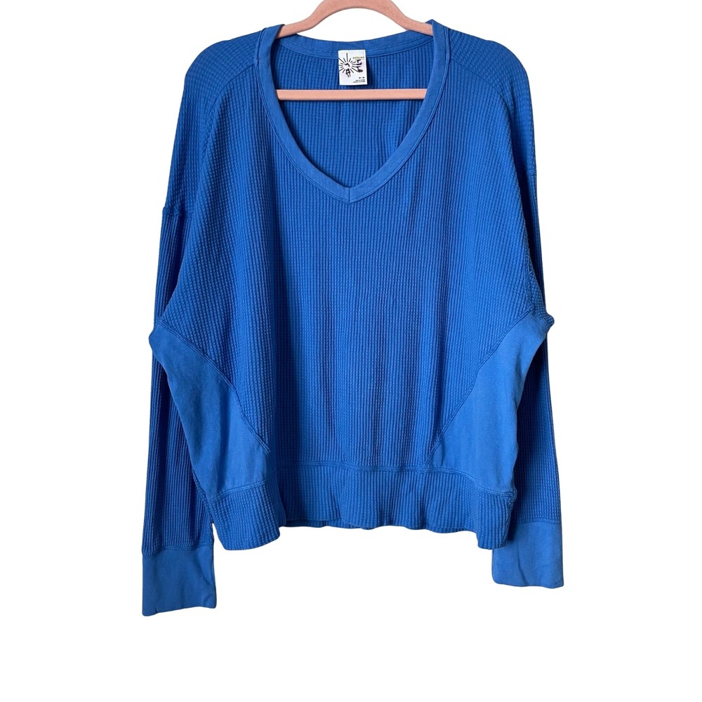 OFFLINE Aerie Top Medium Blue WOW Waffle Knit Oversized V-Neck Pullover Cotton